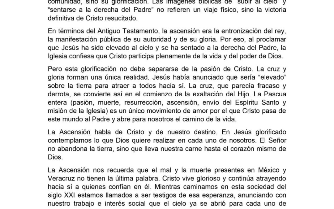 Padre Juan Beristain: en Ascensión, mal y muerte no tienen última palabra