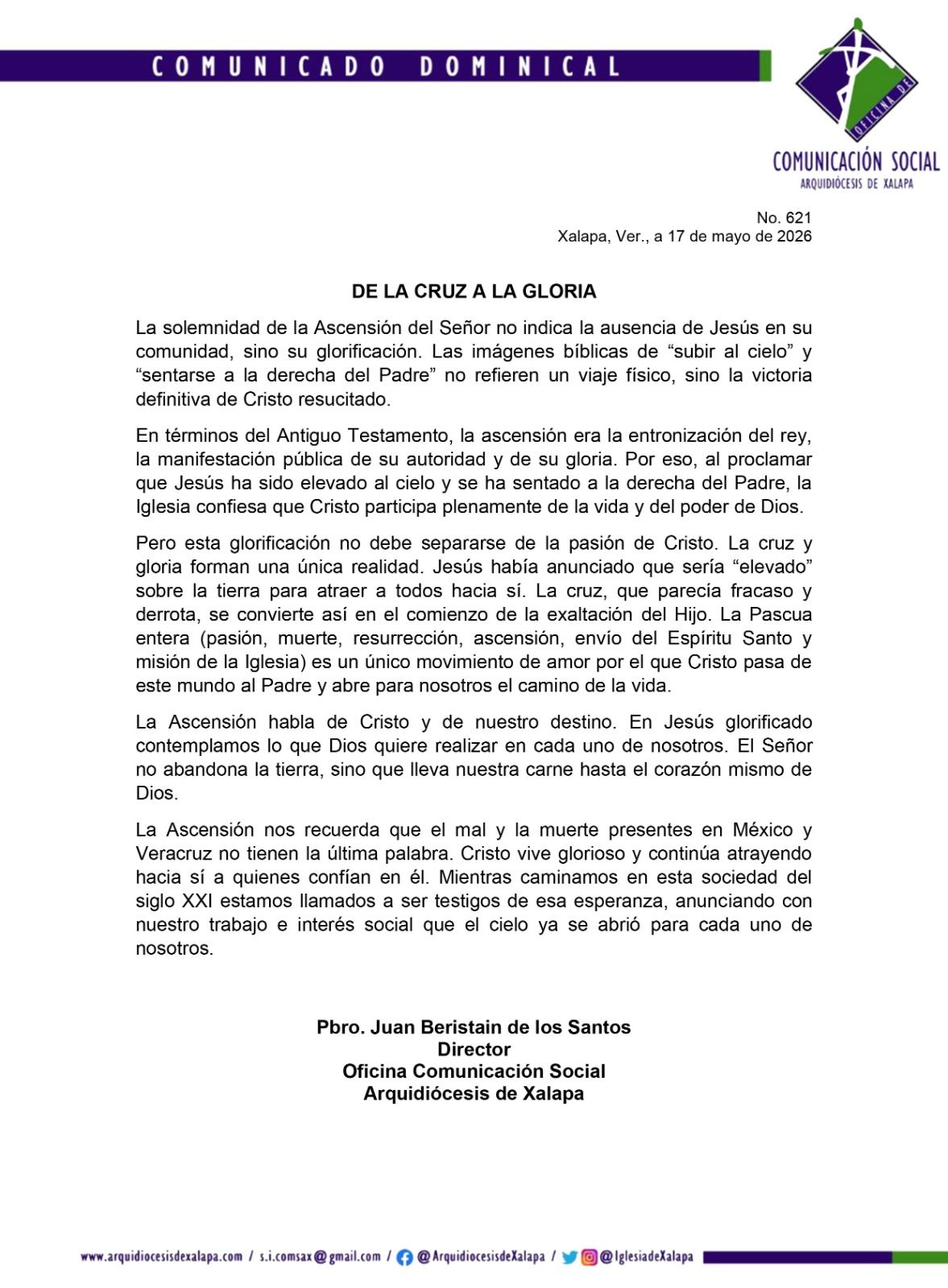 Padre Juan Beristain, vocero de la Arquidiócesis de Xalapa, durante su mensaje sobre la Ascensión del Señor