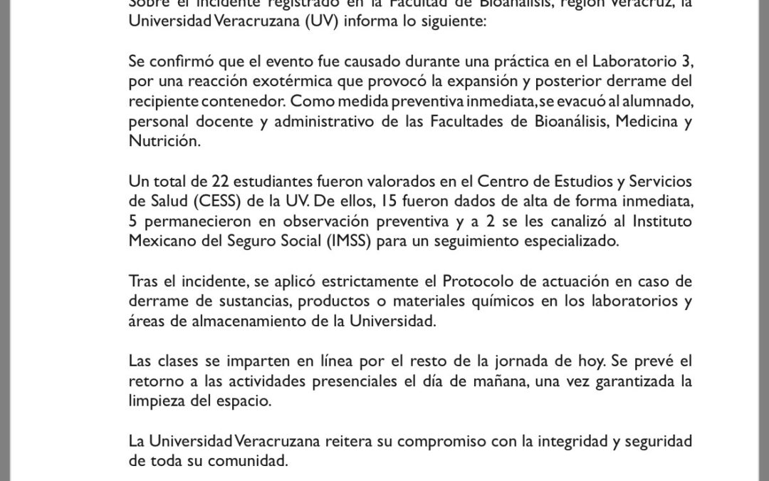 UV informa derrame químico en laboratorio de Bioanálisis en Veracruz