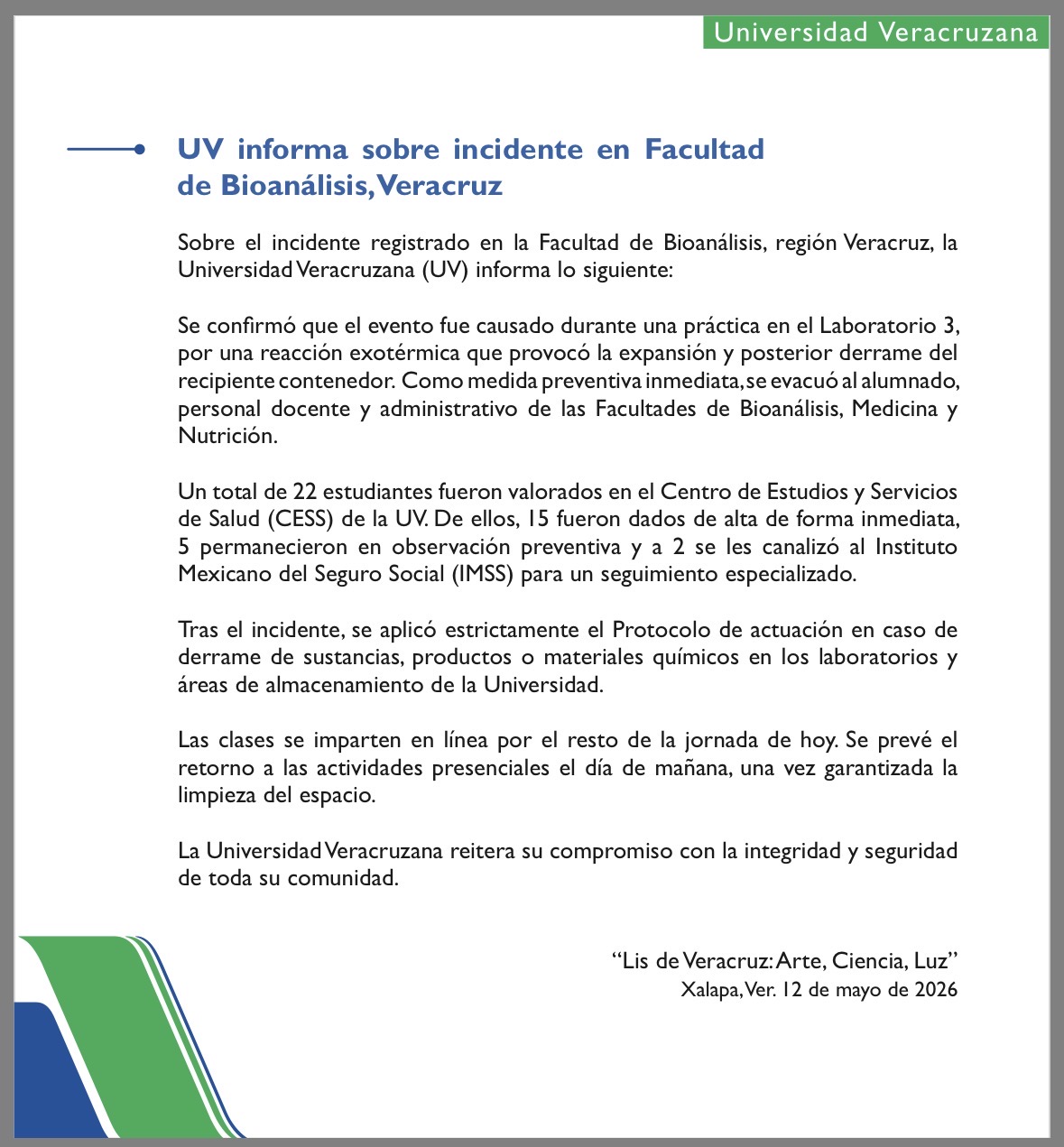 Incidente en laboratorio de Bioanálisis de la UV en Veracruz