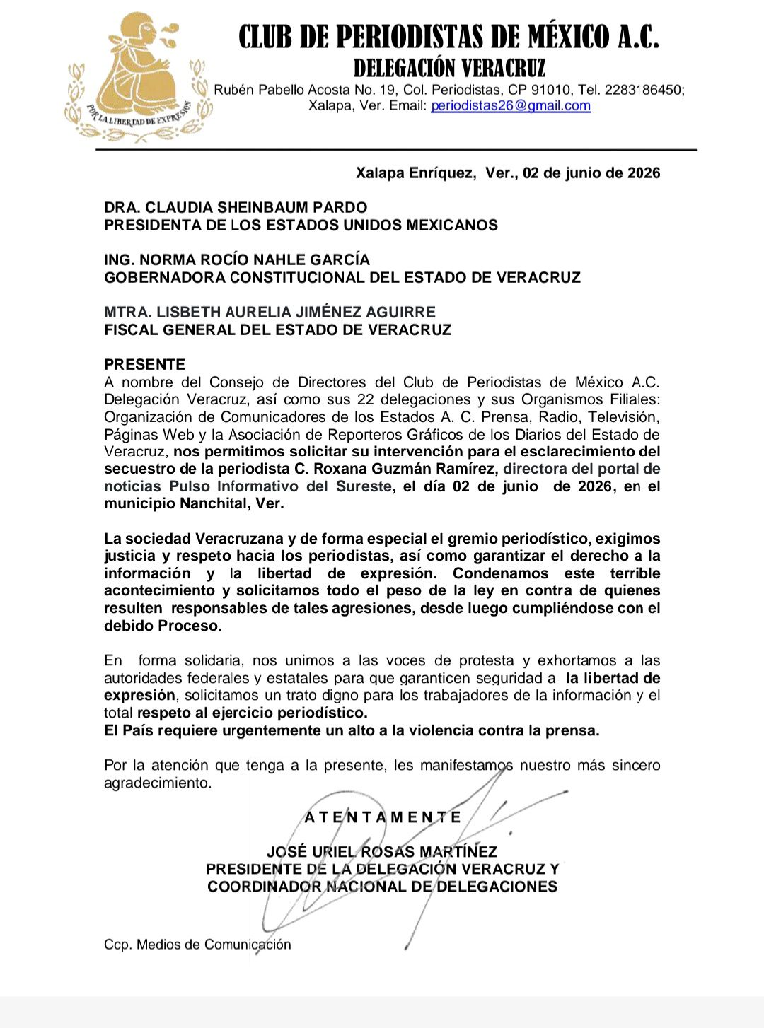 Club de Periodistas de México Delegación Veracruz pide intervención por secuestro de Roxana Guzmán