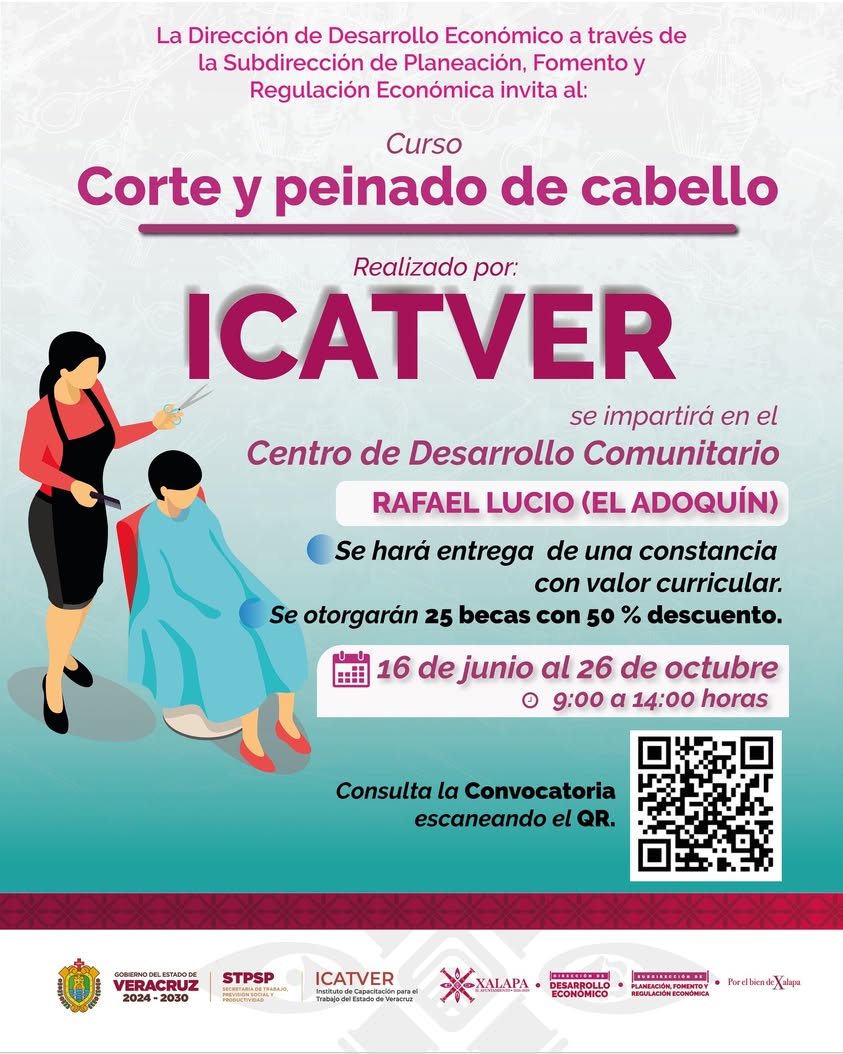 Curso de corte y peinado de cabello ofrecido por el Ayuntamiento de Xalapa en el Centro de Desarrollo Comunitario Rafael Lucio