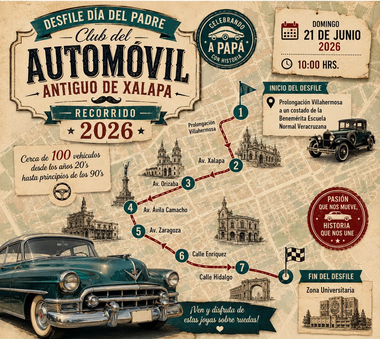 Desfile de autos antiguos en Xalapa por el Día del Padre