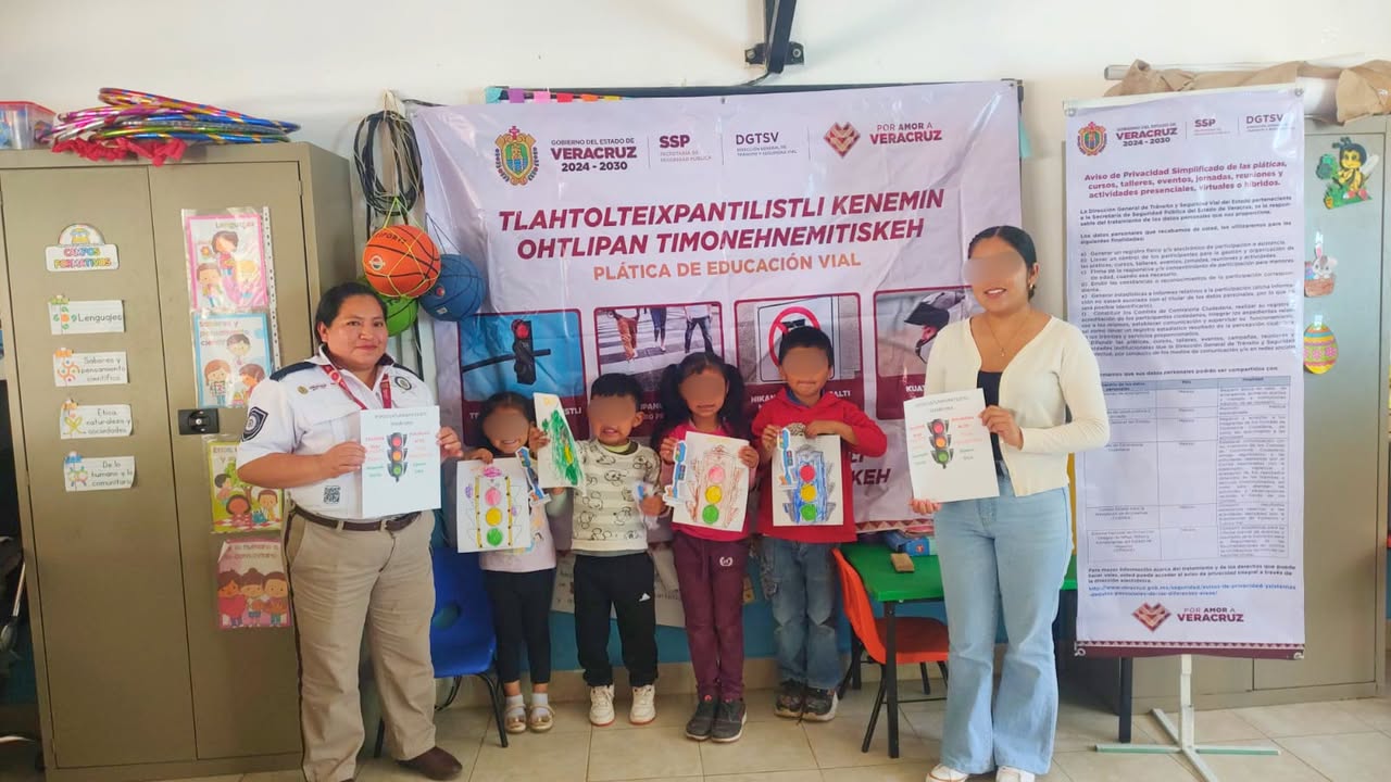 Plática de educación vial infantil en español y náhuatl en preescolar Niños Héroes de Tepapalotla, Tequila