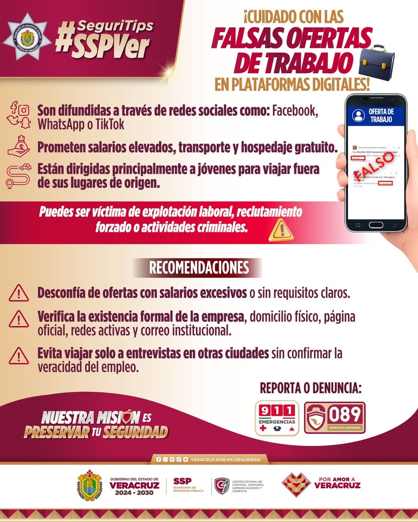 Advertencia de la SSP Veracruz sobre falsas ofertas de trabajo en redes sociales