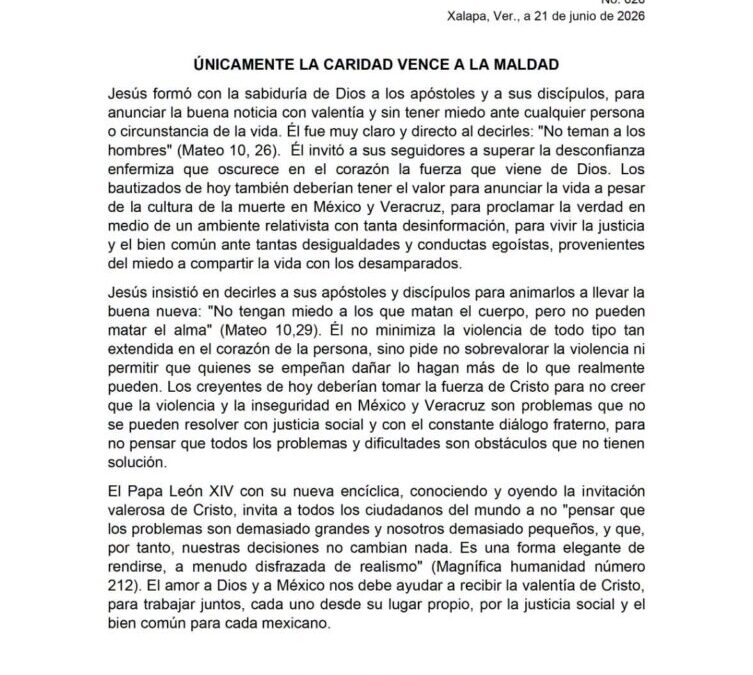 Arquidiócesis de Xalapa llama a justicia social y diálogo fraterno contra violencia