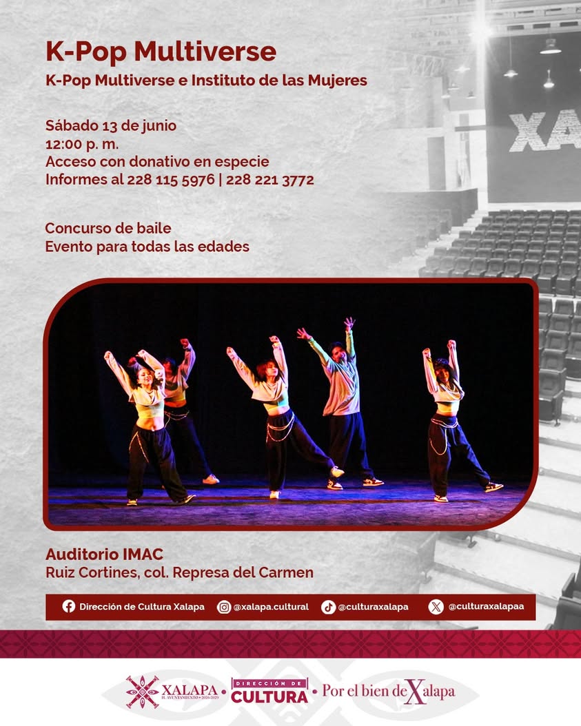 Cartel del evento K-pop Multiverse 2026 en Xalapa con detalles de fecha y actividades