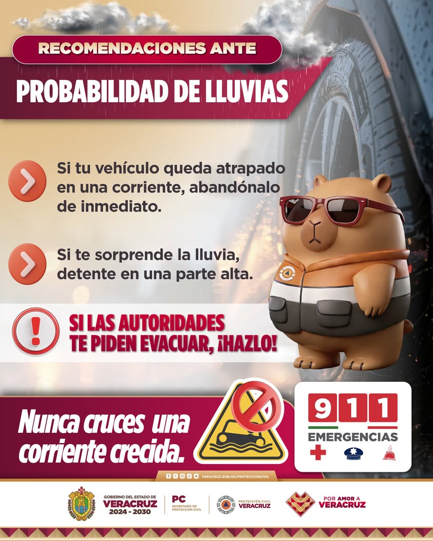 Publicación de Protección Civil Veracruz sobre lluvias y advertencia de no cruzar corrientes