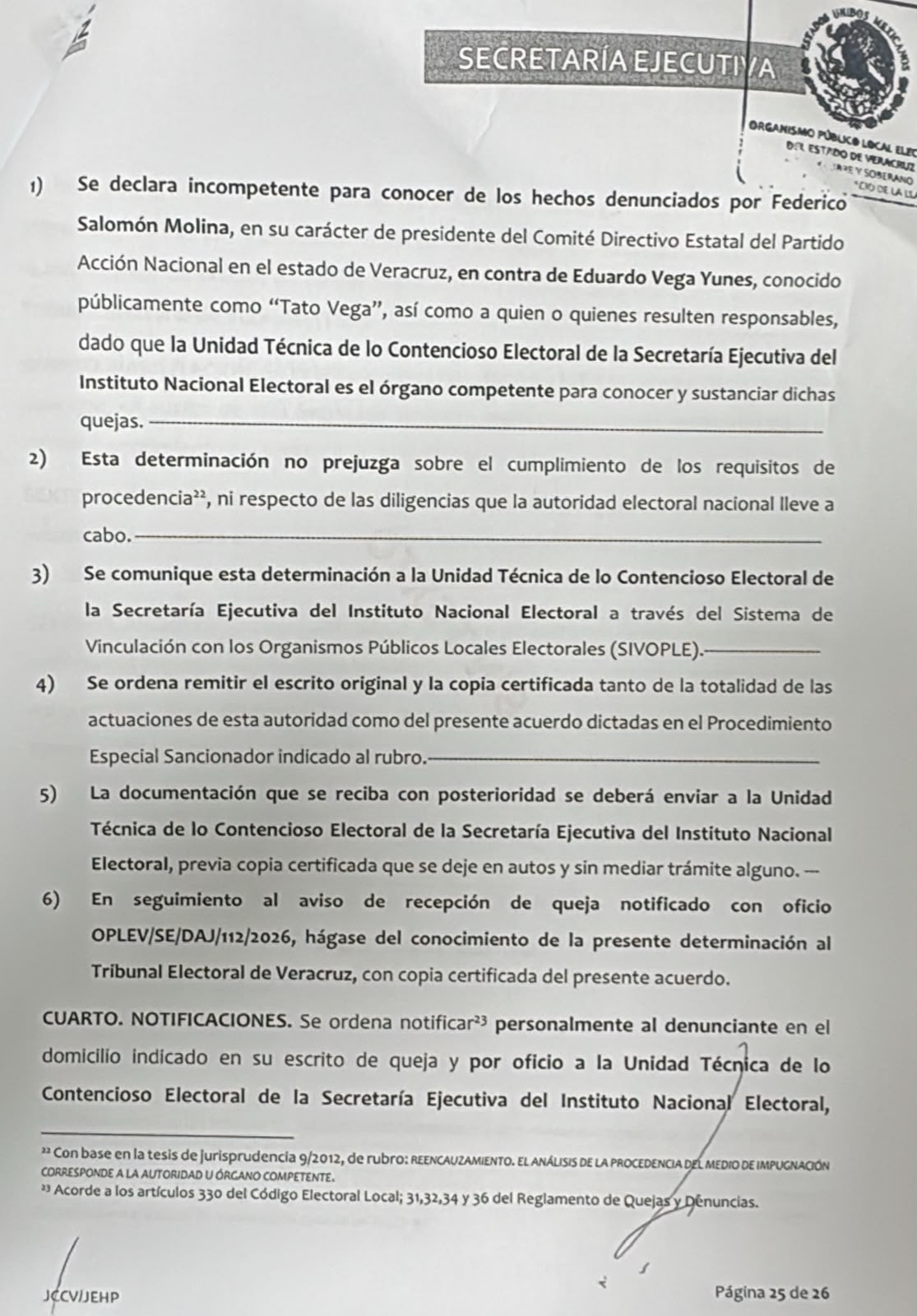 OPLE de Veracruz rechaza queja del PAN contra Eduardo Vega