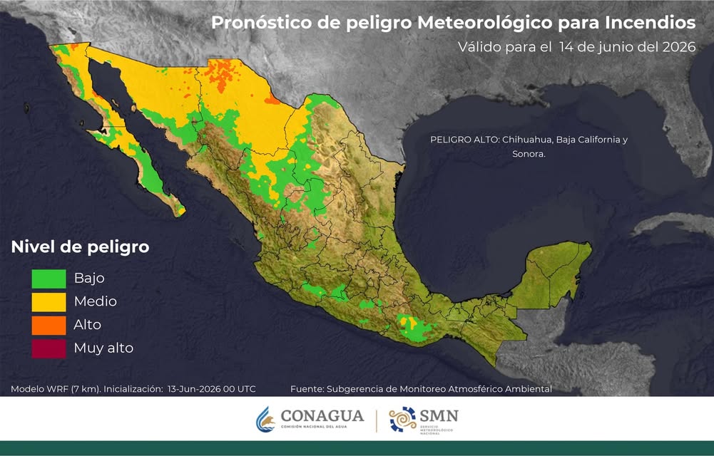 Mapa de pronóstico de peligro de incendios del Servicio Meteorológico Nacional para el 14 de junio de 2026