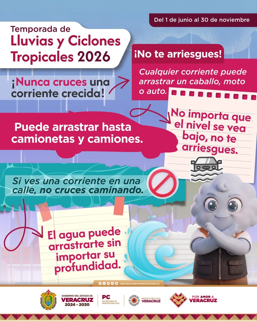 Advertencia de Protección Civil sobre no cruzar corrientes de agua