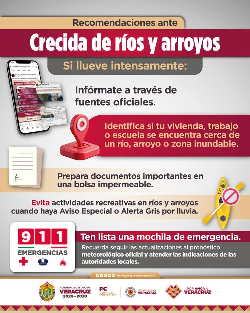 Publicación de Protección Civil Veracruz recomendando evitar actividades recreativas en ríos y arroyos durante aviso por lluvias