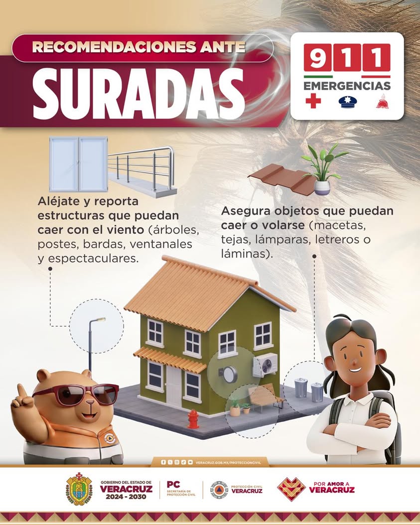 Aviso de Protección Civil sobre vientos fuertes en Veracruz