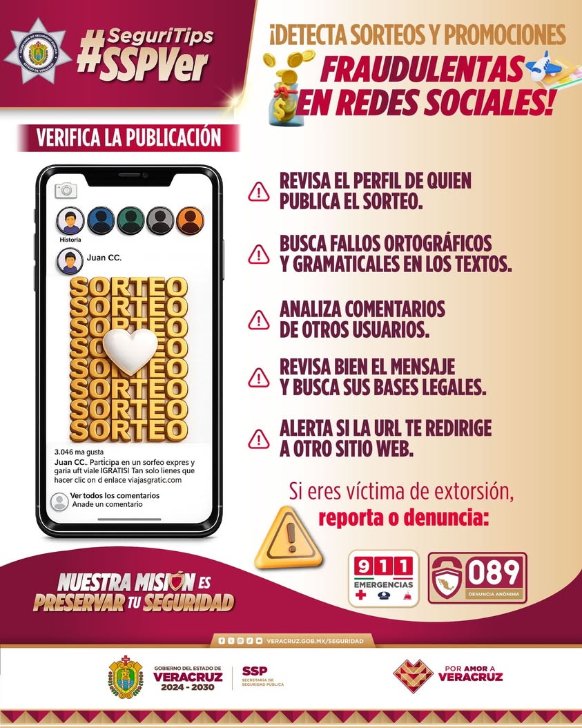 recomendaciones-para-evitar-fraudes-en-sorteos-redes-sociales Consejos de seguridad de la SSP Veracruz para evitar fraudes en sorteos de redes sociales