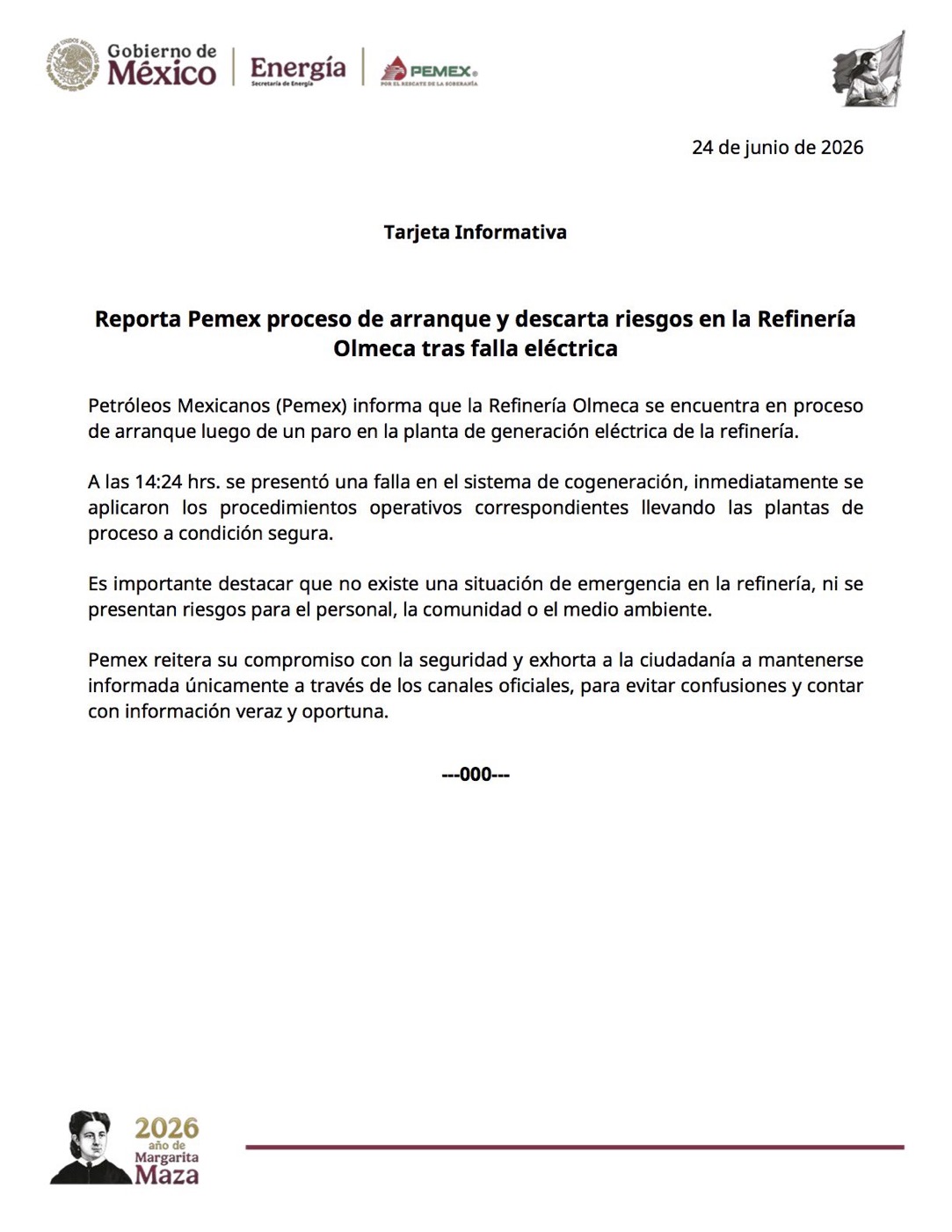 Falla eléctrica en la Refinería Olmeca de Pemex