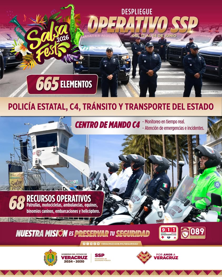 Operativo de seguridad para el SalsaFest2026 en Veracruz con 665 elementos