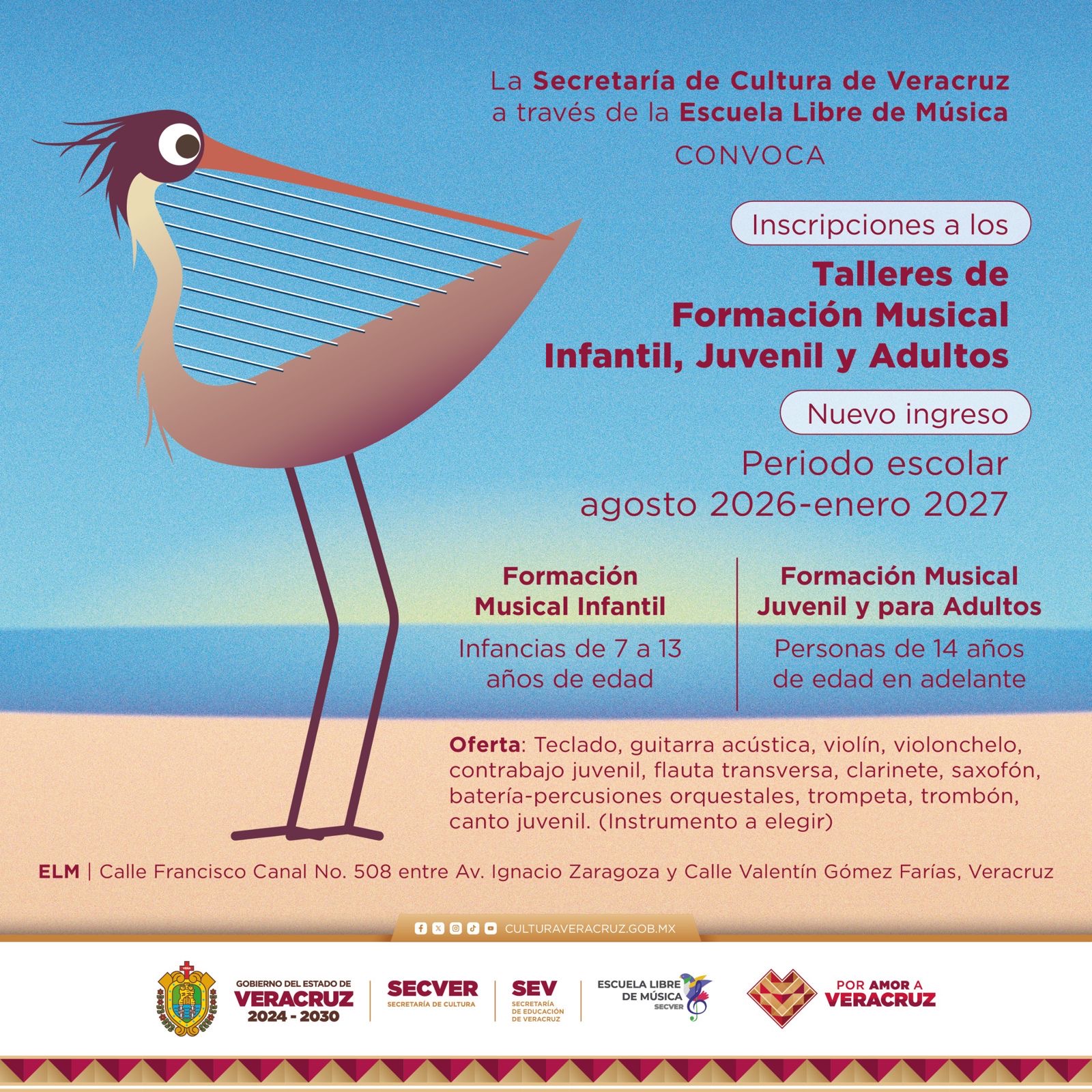 Convocatoria de la Secretaría de Cultura de Veracruz para ingresar a la Escuela Libre de Música en 2026