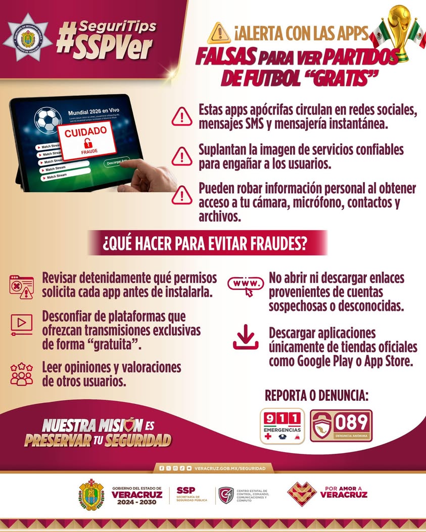 Gráfico de la SSP Veracruz con consejos de seguridad digital para el Mundial 2026