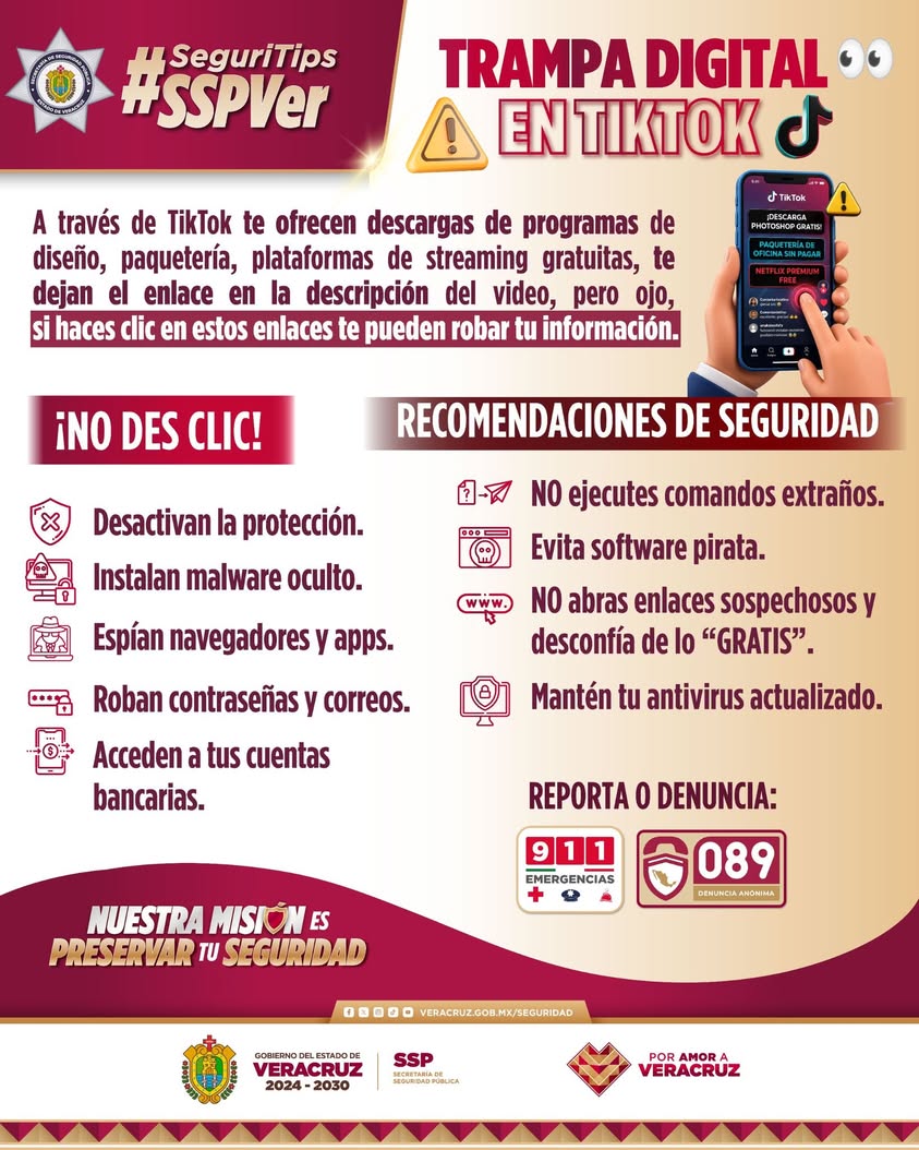 Alerta de la SSP Veracruz sobre enlaces fraudulentos en TikTok que roban datos