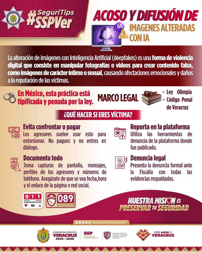 Publicación de SSP Veracruz sobre imágenes falsas con inteligencia artificial