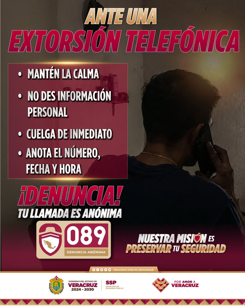 Llamada de extorsión y número 089 de SSP Veracruz