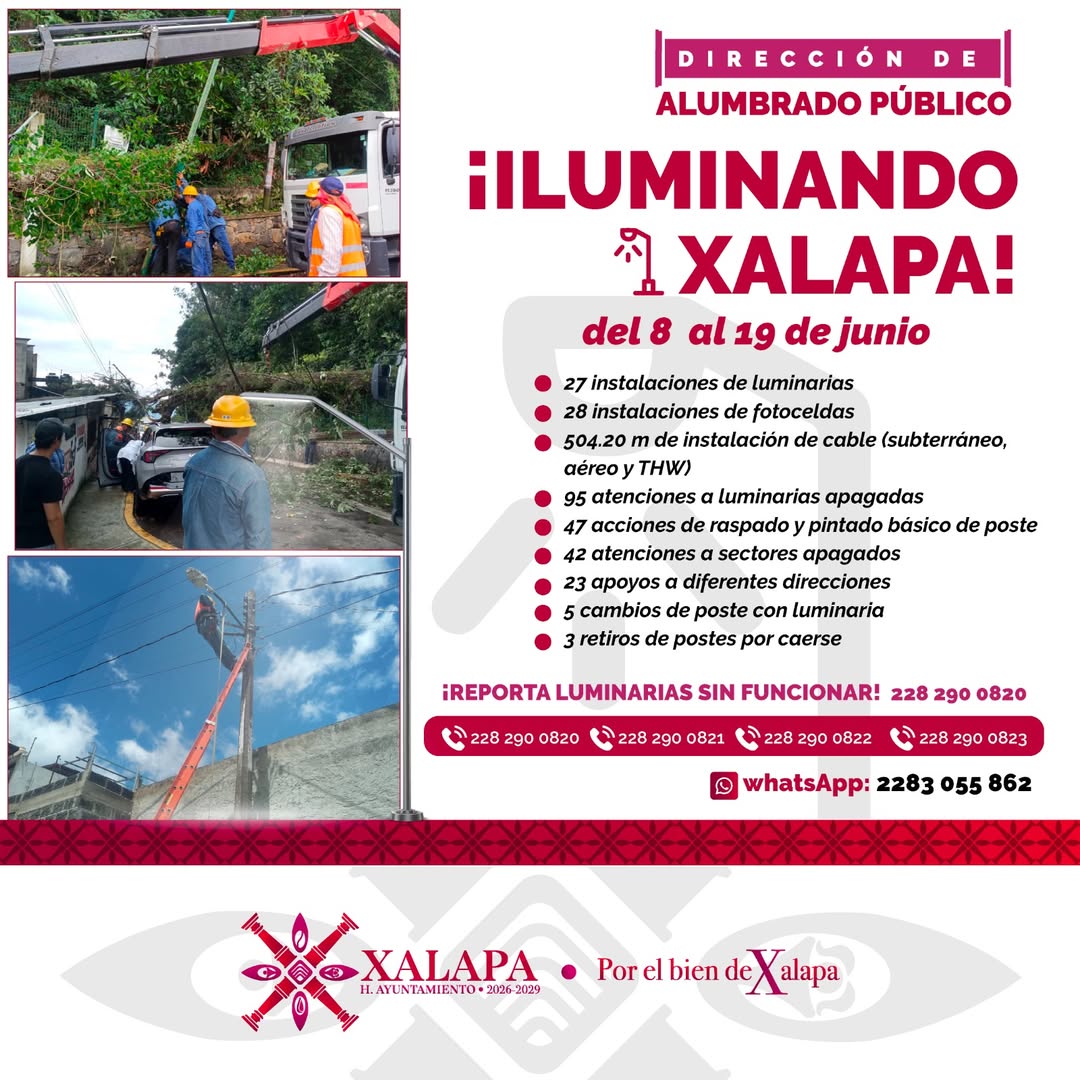 Imagen promocional del Ayuntamiento de Xalapa con información sobre el mantenimiento de alumbrado público en colonias