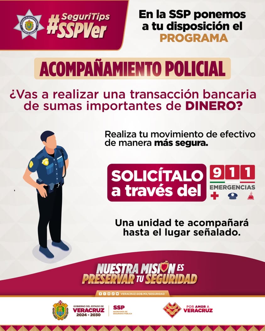 Policía de Veracruz acompaña a persona durante traslado de dinero
