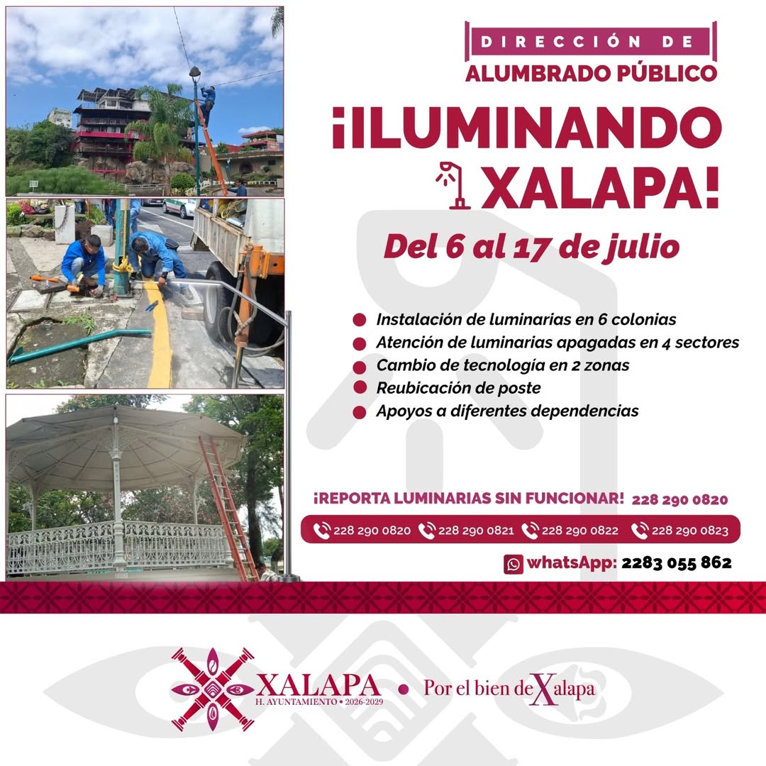Trabajos de alumbrado público en colonias de Xalapa
