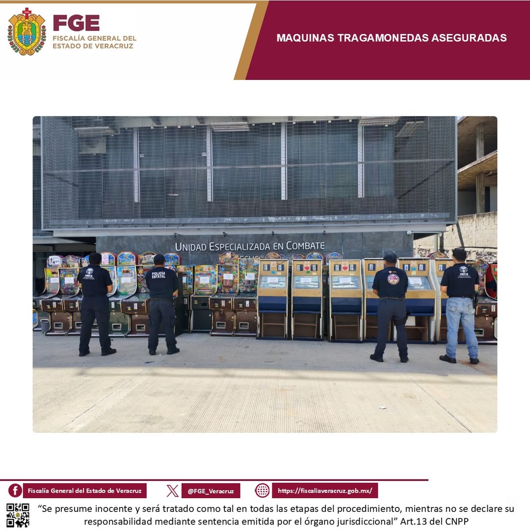65 máquinas tragamonedas aseguradas por la FGE en Veracruz