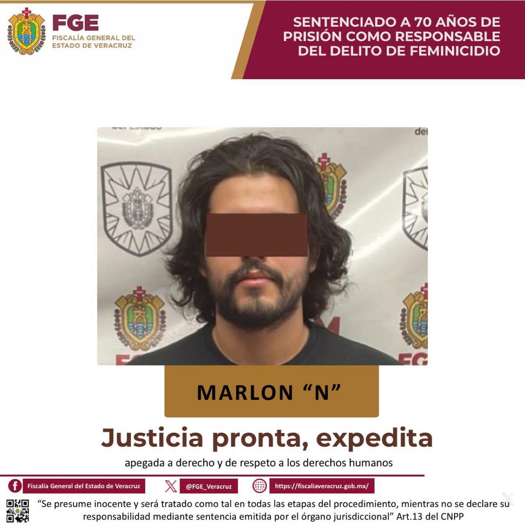 Condena de 70 años a Marlon N por feminicidio en Boca del Río