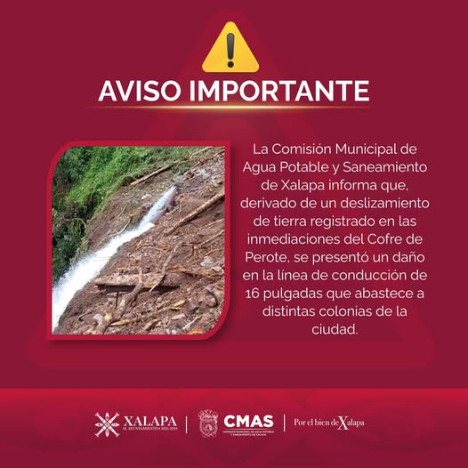 Deslizamiento afecta línea de agua en Xalapa; podría haber cortes