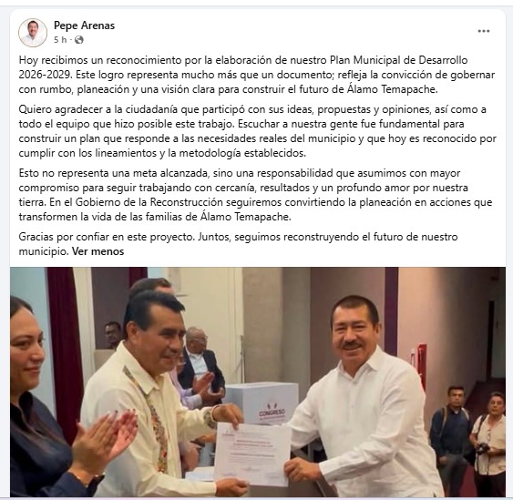 Recibe Pepe Arenas reconocimiento del Congreso de Veracruz por la elaboración de Plan Municipal de Desarrollo