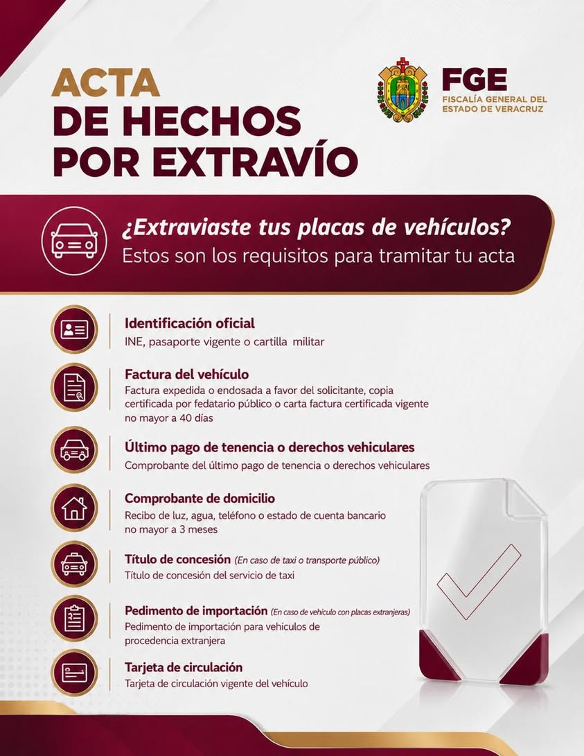 Requisitos para acta por extravío de placas según la Fiscalía de Veracruz