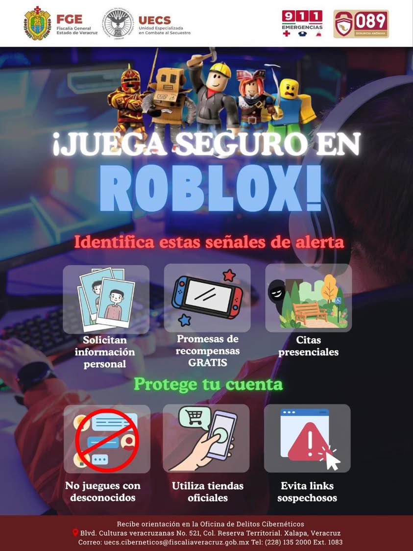Recomendaciones de la Fiscalía de Veracruz para jugar videojuegos en línea de forma segura.