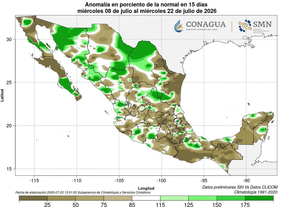 lluvias-en-mexico-julio-2026 Gráfico de lluvias en México por arriba y debajo del promedio en julio de 2026
