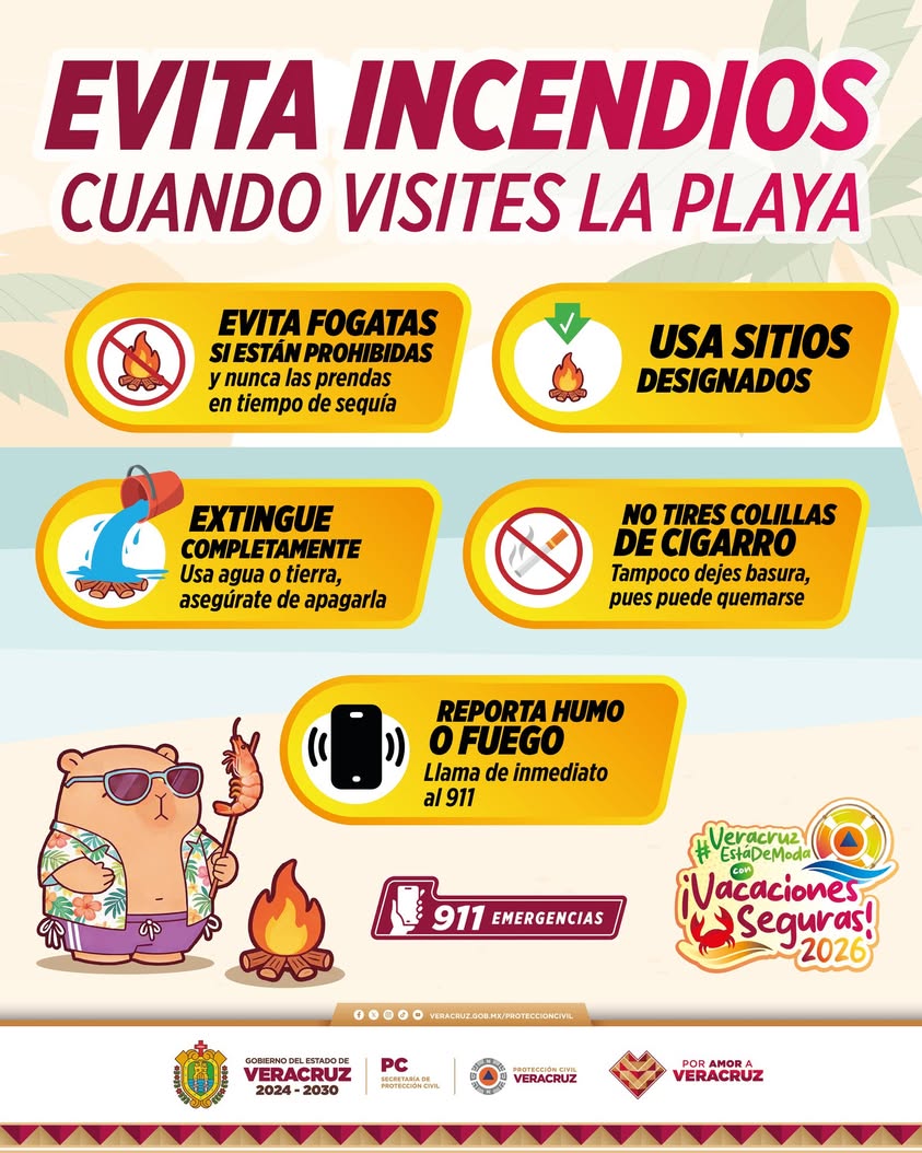 Cartel de Protección Civil Veracruz sobre prohibición de fogatas en playas
