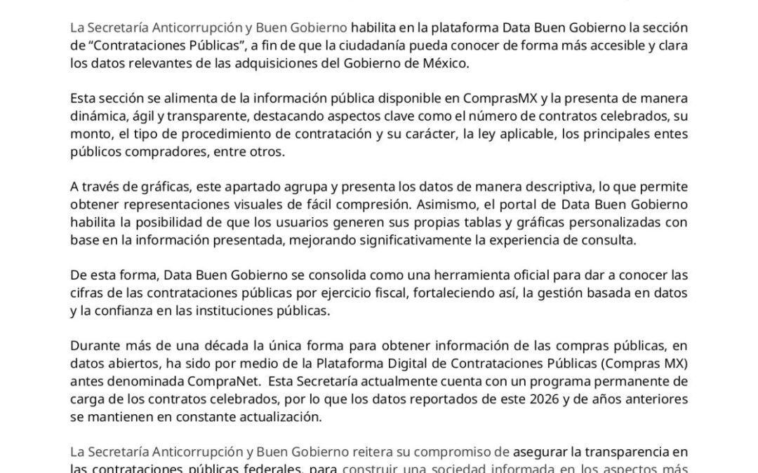 Secretaría habilita sección de contrataciones públicas en Data Buen Gobierno