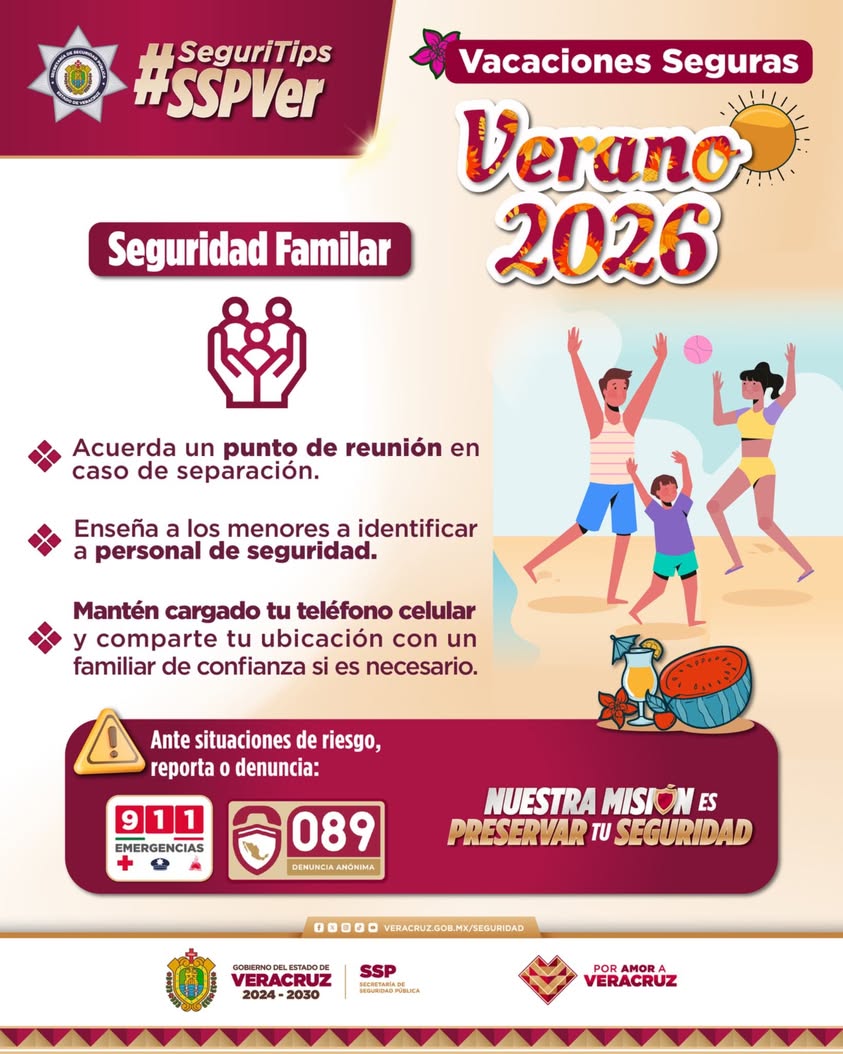 Publicación de SSP Veracruz con recomendaciones de seguridad para vacaciones de verano 2026