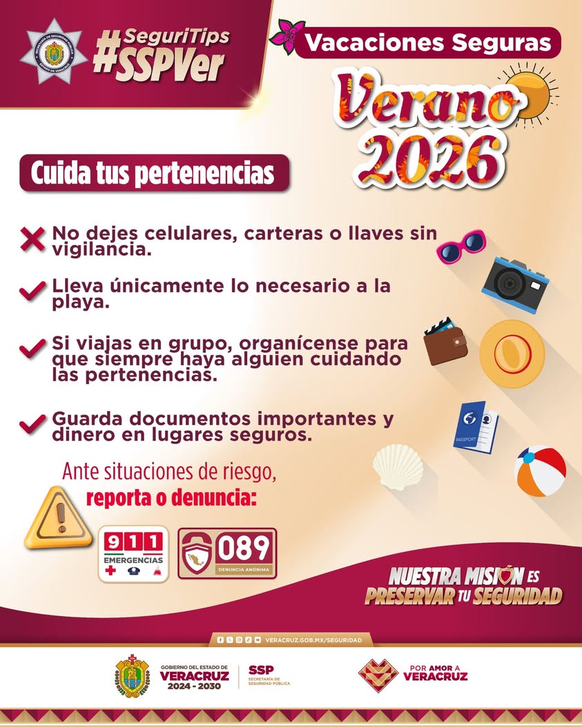 Publicación de la SSP Veracruz con consejos para vacaciones seguras