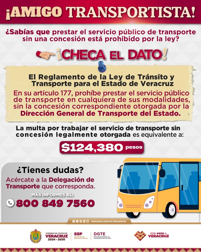 Publicación de la SSP Veracruz sobre multas a transportistas sin concesión