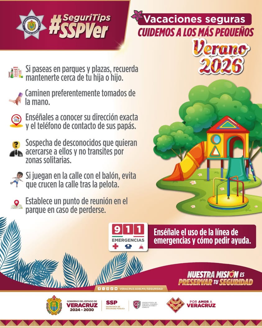 Publicación de la SSP Veracruz con consejos de seguridad infantil para vacaciones