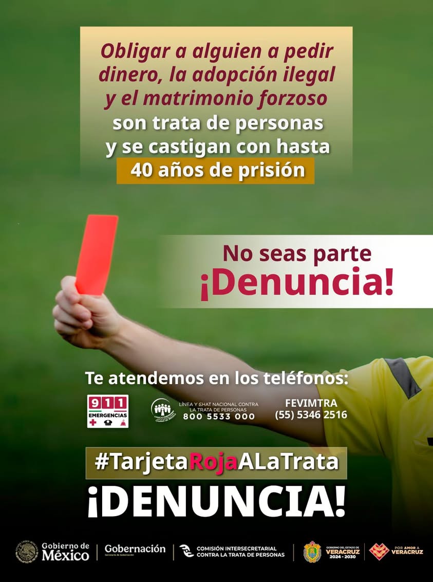 Publicación de SSP Veracruz sobre pena de hasta 40 años por trata de personas y números de denuncia
