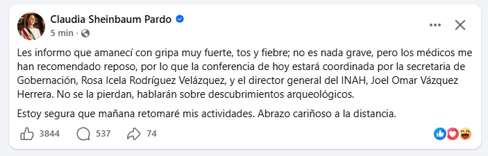 Claudia Sheinbaum Pardo informa que no encabezará la conferencia matutina por enfermedad