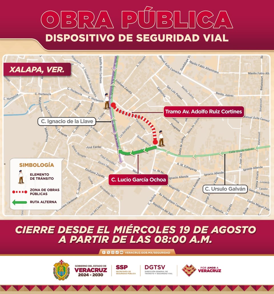 Dispositivo vial en avenida Ruiz Cortines por obras públicas en Xalapa