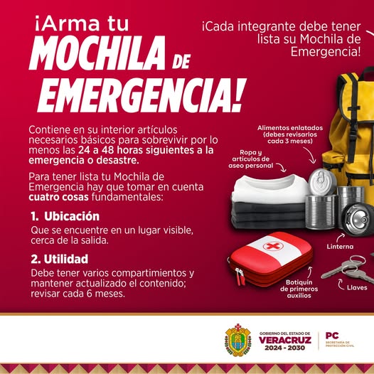 Protección Civil Veracruz recomienda armar una mochila de emergencia