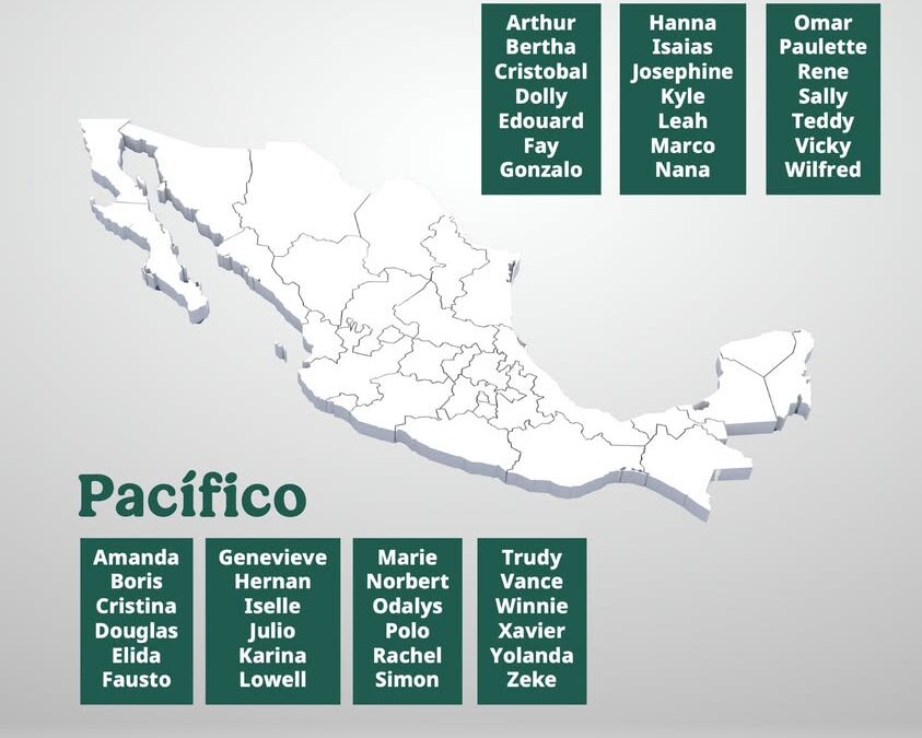 Nombres de ciclones 2026 usados en Pacífico y Atlántico