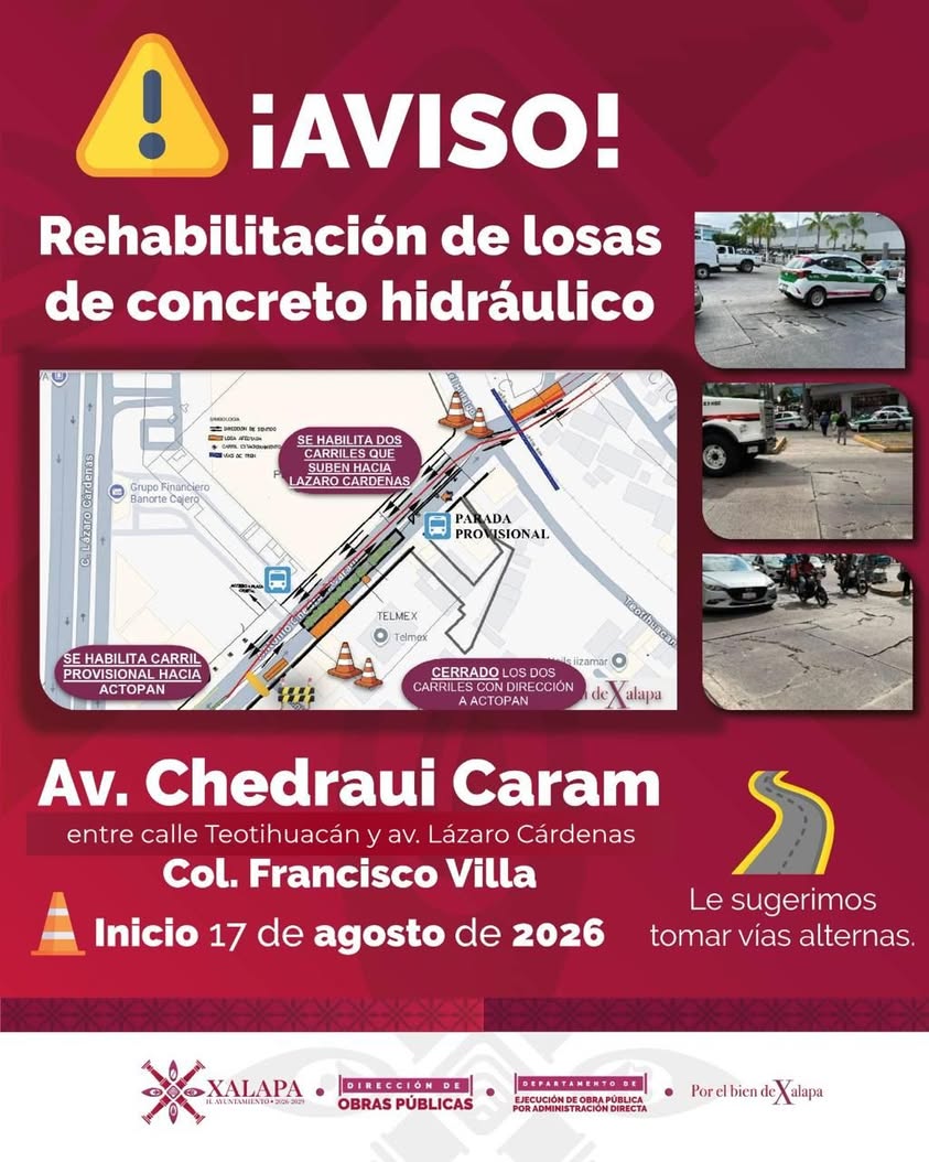 Rehabilitación de losas de concreto hidráulico en la avenida Antonio Chedraui Caram en Xalapa