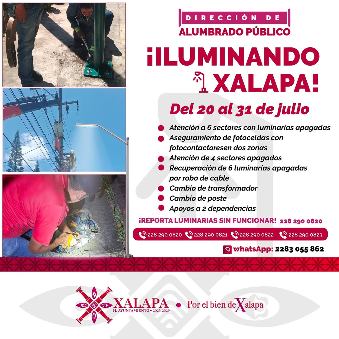 Servicios de alumbrado público en Xalapa del 20 al 31 de julio