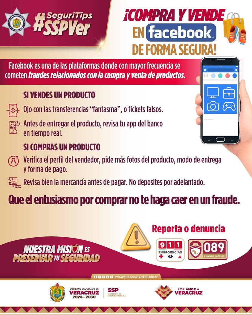Publicación de la SSP Veracruz sobre fraudes en compraventa por Facebook