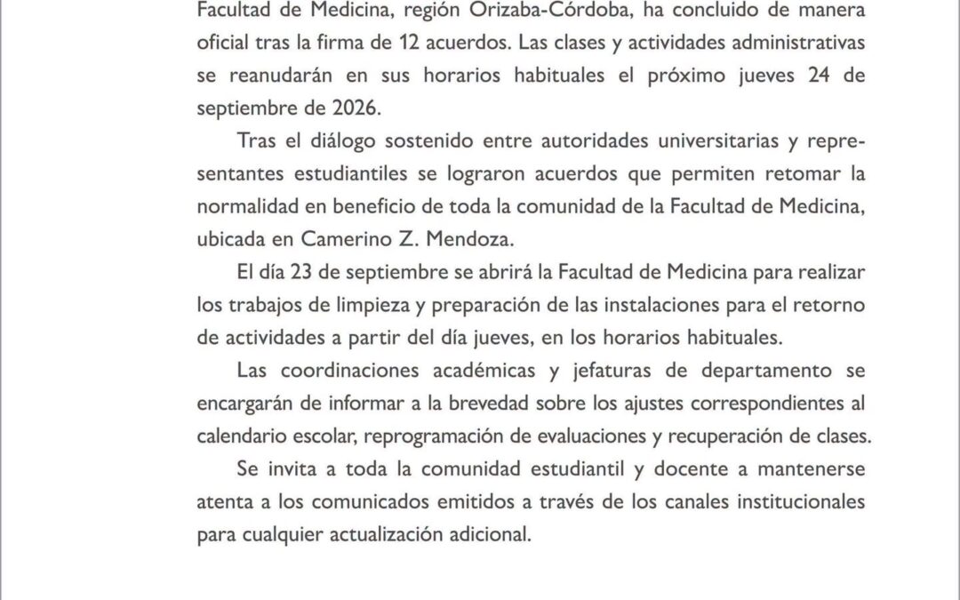 Concluye paro en Facultad de Medicina; clases reanudan el 24 de septiembre
